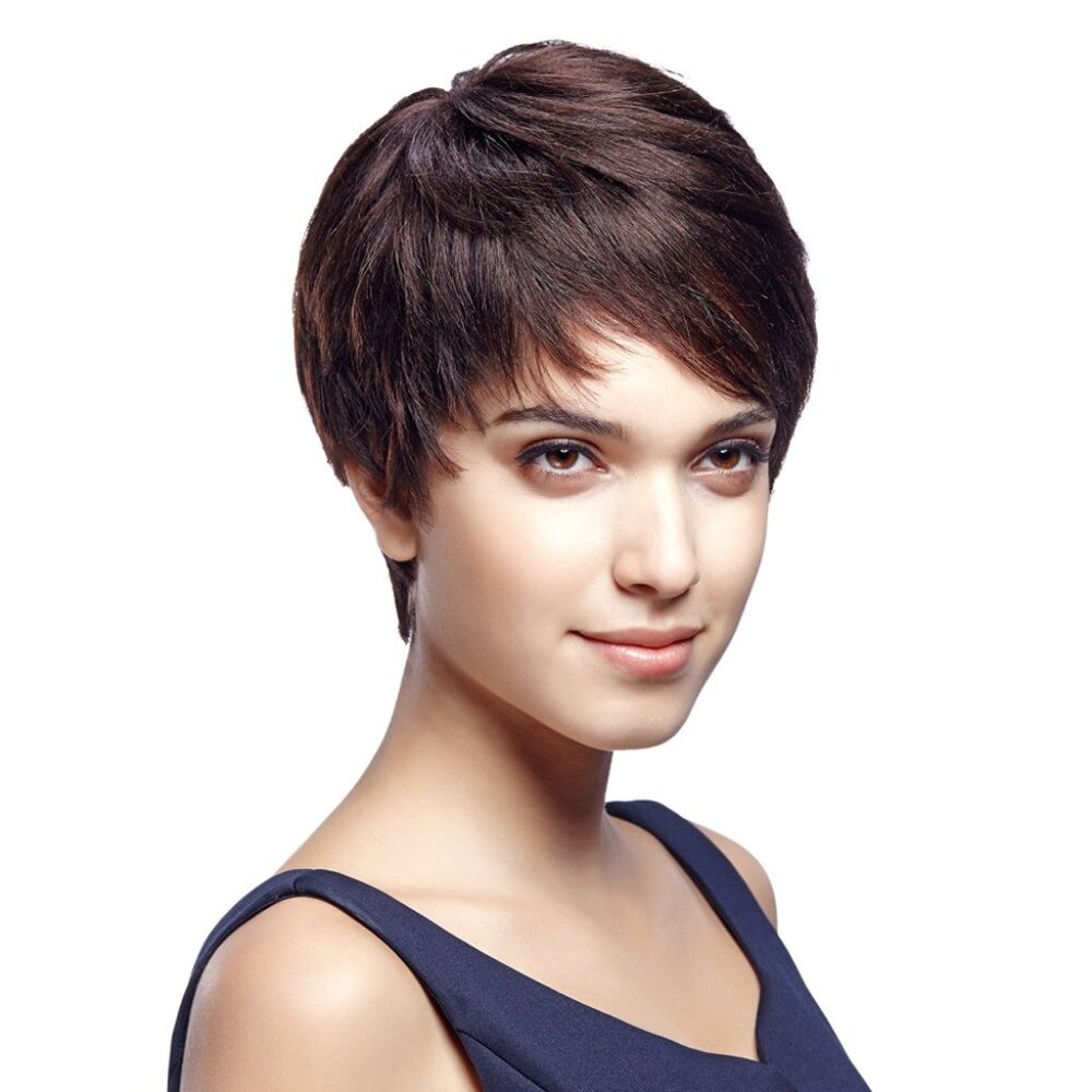 5" Cute Short Pixie Wigs with 100% Brazilian Hair NATURAL DARK BROWN, Side Swept